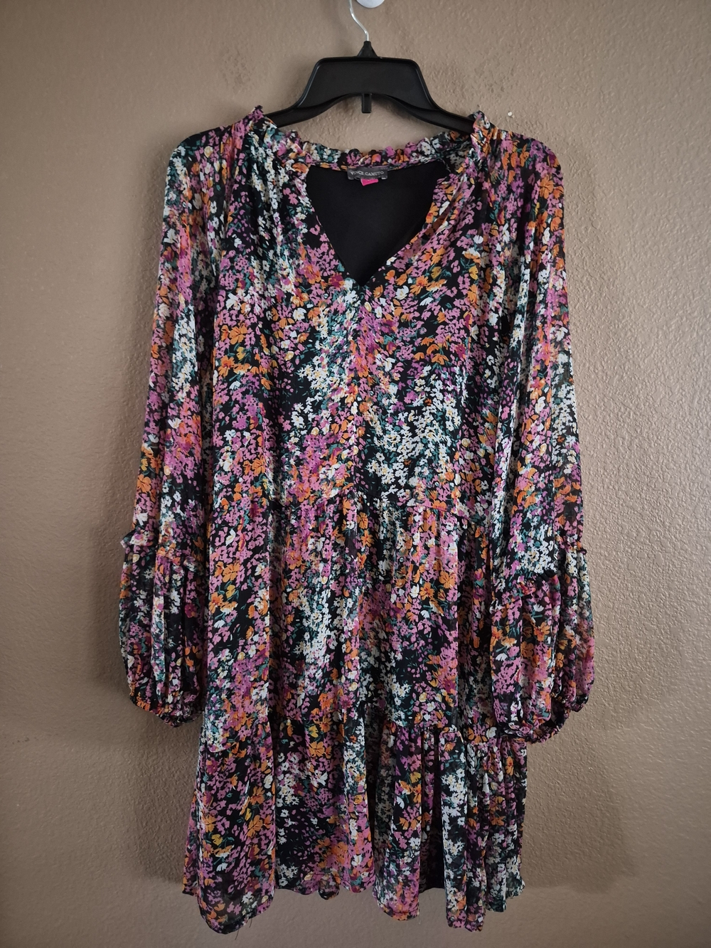 Vince Camuto Size L Black Multi Floral Long Sleeve Tiered Dress